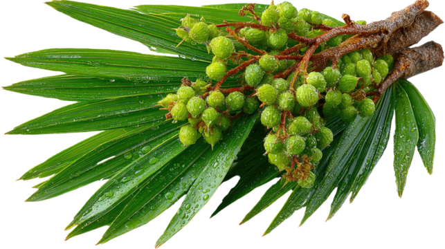 Lush Palm Frond and Berry Cluster: A close-up showcases the exquisite beauty of nature with a vibrant cluster of green berries and delicate palm fronds.