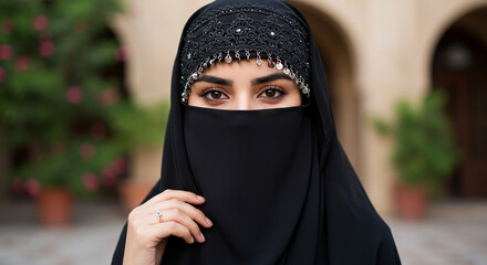 Portrait of a beautiful woman wearing a niqab in traditional muslim attire