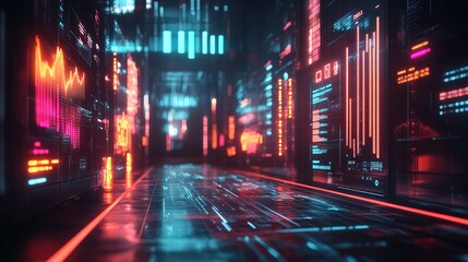Obraz premium A neon-lit digital bank interface, showing savings graphs and holographic financial insights