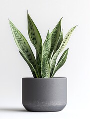 Close up snake plant in grey pot isolated white background
