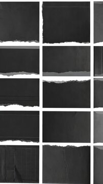 Arrangement of isolated dark ripped paper squares with deckled and straight edges on white background for graphic design elements