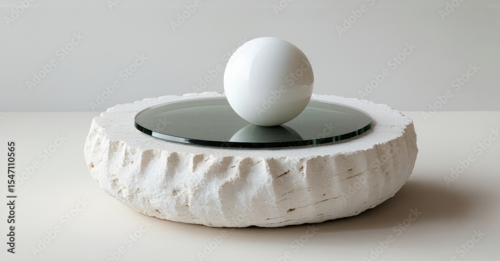 Poster White sphere rests upon dark circular surface, set within textured stone base. Minimalist composition, neutral tones dominate scene.