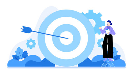 Woman next to a bullseye arrow, gears, and clipboard. Suitable for business goals, targeting achievements, progress reports, and strategy concepts.