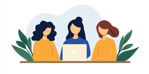 Illustration of three women sitting together with a laptop, surrounded by green leaves, symbolizing teamwork and collaboration.