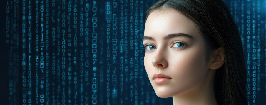 young woman with blue eyes stands against a digital backdrop filled with cascading binary code, symbolizing technology and data. - Powered by Adobe