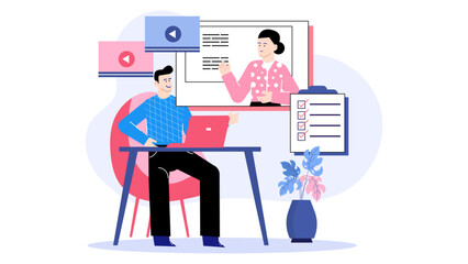 Online learning student and teacher virtually engaged in video chat for remote education. Suitable for eLearning platforms and educational websites.