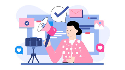 Person using social media for marketing. Suitable for digital marketing campaigns, social media strategy content, online advertising, and social media management visuals.
