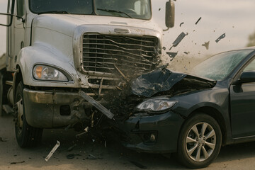 Dramatic collision between large semi truck and car on highway