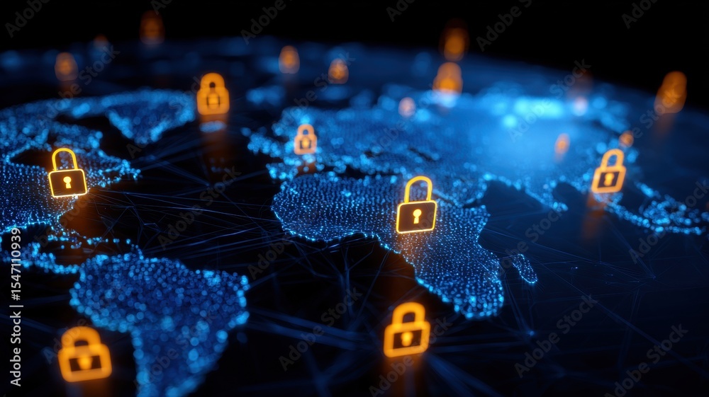Poster digital world map with security locks, symbolizing global cybersecurity and data protection.