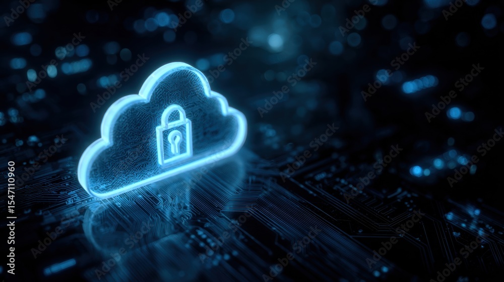 Poster digital cloud icon with a lock on a circuit board background, symbolizing cybersecurity and data pro
