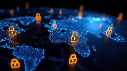 Digital world map with security locks, symbolizing global cybersecurity and data protection.