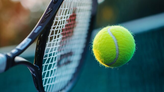 Close-up capturing the intensity of a tennis game with ball and racket