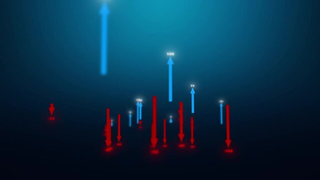 Crisis data visualization with glowing downward red arrows showing market loss, looped animation