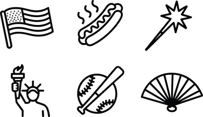 Six Minimalist Black Line Art Icons American Flag Hot Dog Sparklers Statue Liberty Baseball Fan hotdog 1