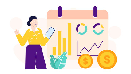 Ideal for business websites, financial blogs, or investment related presentations. Woman analyzing financial charts and coins in a professional setting.