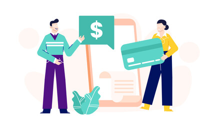 Online payment people using a credit card, suitable for illustrating ecommerce, digital transactions, online shopping, financial technology concepts.