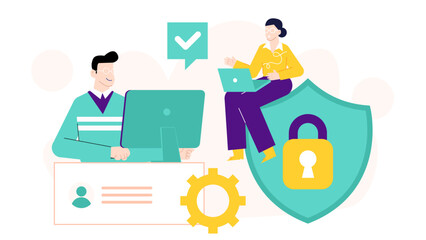 Online security concept with diverse group of people and padlock. Suitable for cybersecurity websites, blog posts, and online security materials.