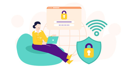 Person secures online data with laptop and Wi-Fi. Suitable for cybersecurity, technology, internet usage, data protection, privacy concepts.