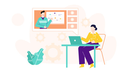 Online learning scene with teacher and student remotely using laptops, perfect for educational, eLearning, virtual classroom concepts.