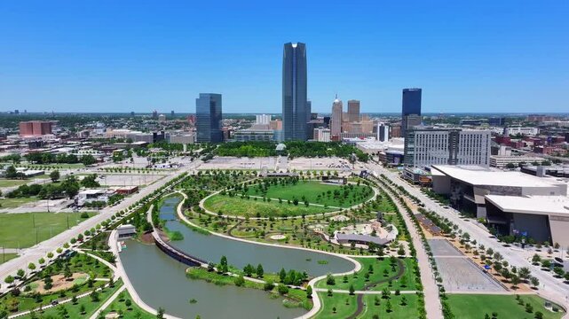 Aerial View Flying South Over Scissortail Park Toward Devon Tower in Downtown Oklahoma City