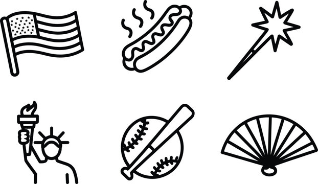 Six Minimalist Black Line Art Icons American Flag Hot Dog Sparklers Statue Liberty Baseball Fan hotdog 1