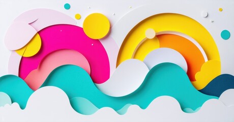 Fototapeta premium Abstract paper cut waves, vibrant colors, playful design. Shapes overlap creating dynamic composition. Bright, modern aesthetic.