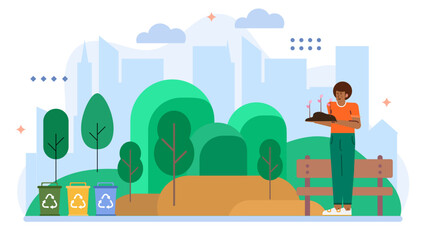 Person plants seedlings near recycling bins in a city park. Ecofriendly gardening, urban sustainability, green initiatives, environmental activism, urban gardening, city park conservation projects.