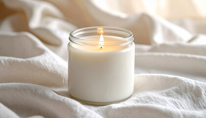 Natural Soy Candle In Jar On Linen Fabric Soft Glow Detail