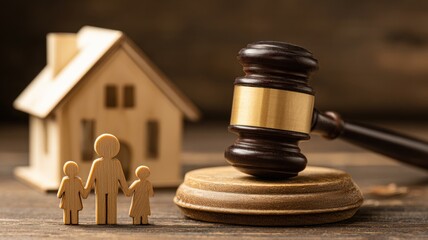 Legal concepts illustrated with a gavel, house, and family figures representing law and real estate.