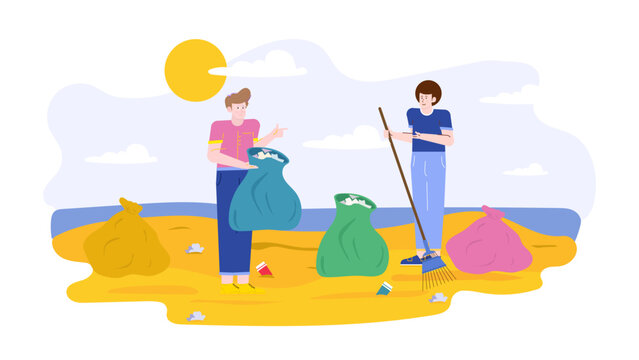 Two people cleaning a beach, collecting litter into trash bags. Suitable for environmental conservation, volunteerism, beach cleanup, pollution, sustainability campaigns.