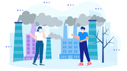 Two masked people near polluting factories in a bleak city. Suitable for environmental activism, pollution awareness campaigns, and industrial critiques.