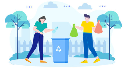 Two people recycle waste in a park. Suitable for environmental awareness campaigns, sustainability brochures, and waste management concepts.
