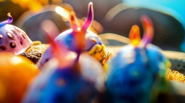 Cluster of vividly colored nudibranchs resting on the ocean floor with prominent rhinophores and vibrant patterns