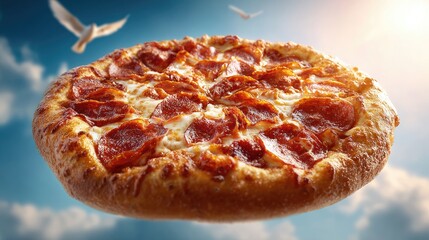 A delectable pepperoni pizza floats effortlessly in the sky.