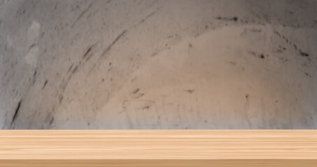 Product displays in rustic, industrial, and modern styles, ideal for showcasing items. Empty wooden surface with a grey concrete-textured wall and soft shadow, creating a minimalist natural backdrop.
