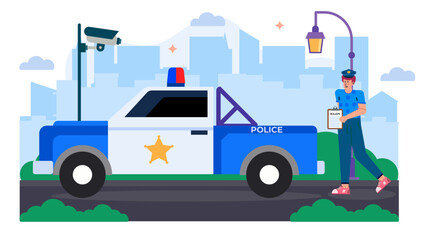 Police officer with clipboard by police car; perfect for law enforcement, public safety or city themed designs, online banners, posters.