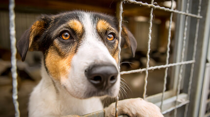 Mayday for Mutts, volunteers at an animal shelter care for and feed mixed breed dogs waiting to be adopted. The dogs look different from each other. AI generated images.