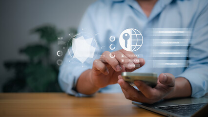 Secure access, network security, digital privacy, online security, and IT solutions. A person interacts with a holographic interface on a smartphone, show cybersecurity and data protection options.