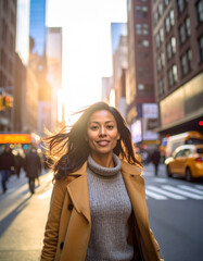 Happy Hispanic woman in turtleneck at Times Square during rush hour