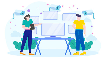 Two people monitoring security camera footage on multiple screens. Suitable for cybersecurity, surveillance, technology concepts in various designs.