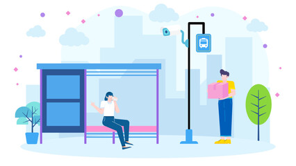 Bus stop scene with people waiting near a security camera; suitable for surveillance, urban transport, public safety, and lifestyle concepts.