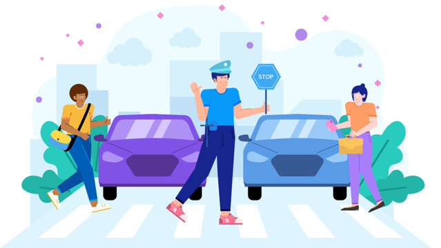 Crossing guard ensuring pedestrian safety near cars. Suitable for road safety campaigns, educational materials, traffic related graphics, and community event promotions.