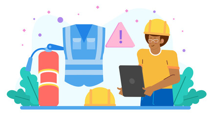 Worker using tablet to inspect safety gear, ideal for construction, industrial, workplace safety presentations, training materials, and website graphics.