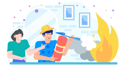 Person extinguishing small fire; fire safety, emergency response training, workplace safety, fire prevention education, disaster preparedness, firefighting equipment concepts.