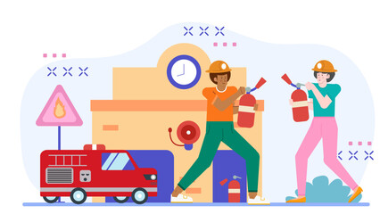 Two firefighters training by a firetruck, preparing for emergencies at the station. Suitable for firefighting training materials or emergency preparedness concepts.