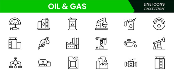 Robust vector web line icons depicting oil and gas, drilling, pipelines, refineries, and energy production for industrial operations.