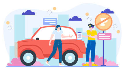 Woman receiving a parking ticket from a police officer near car. Suitable for traffic violation, law enforcement, urban lifestyle concepts.