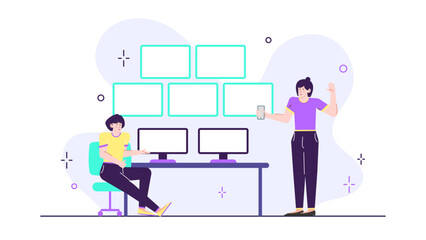 Two women collaborate at computers in a sleek office setting, ideal for illustrating teamwork, modern workplace, technology, and diversity concepts.