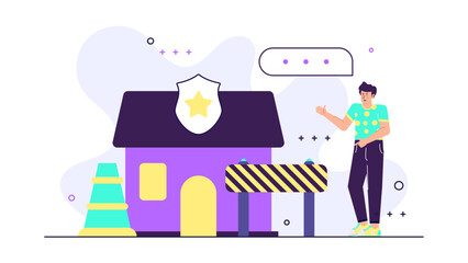 Man by a purple security building suitable for security or technology concepts illustrating a person navigating a secure environment.