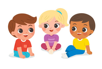 Diverse group of happy kids sitting and chatting together in preschool setting. Children's communication.